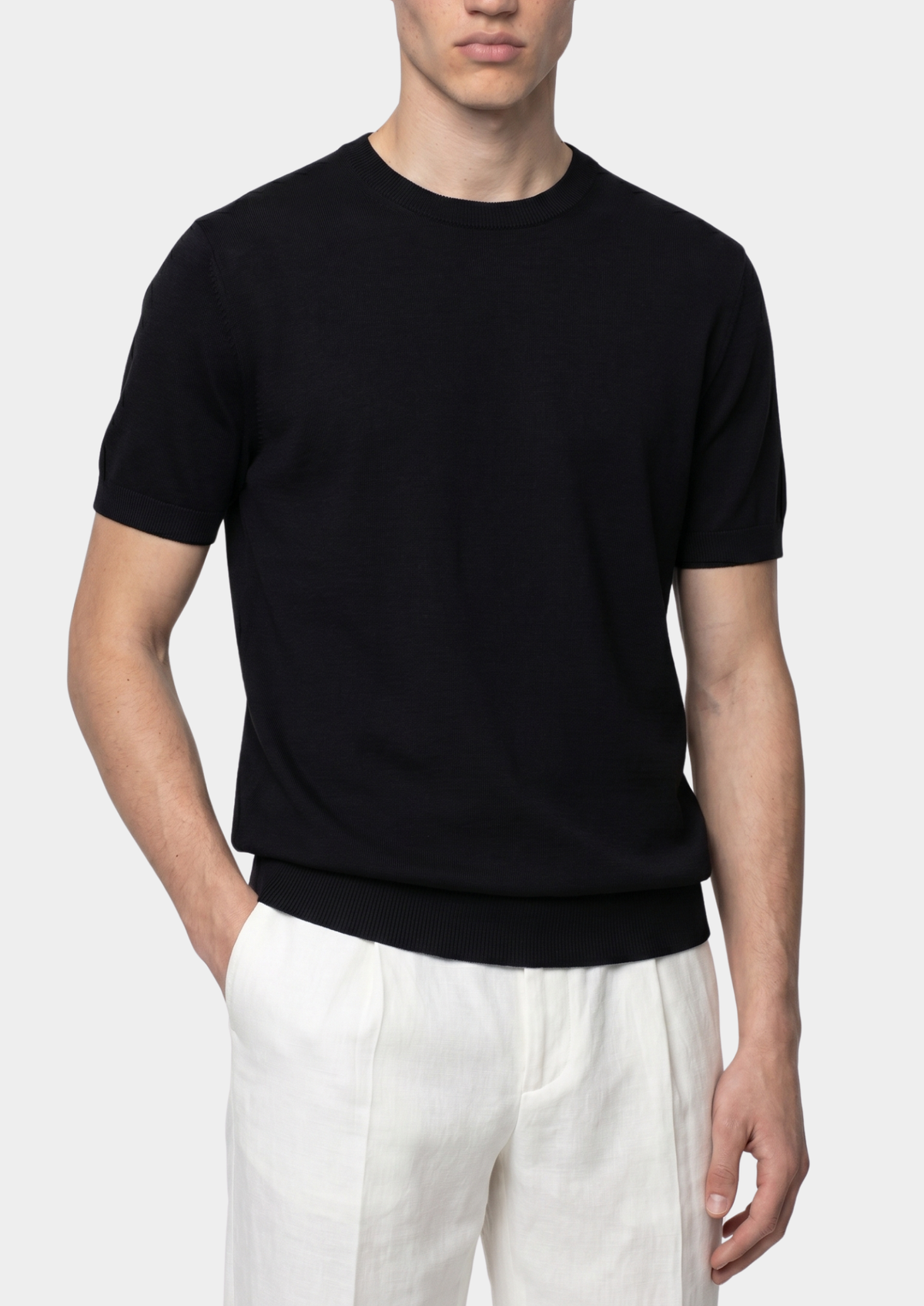 Essential Black Knitted Crewneck T-Shirt | Auremmont