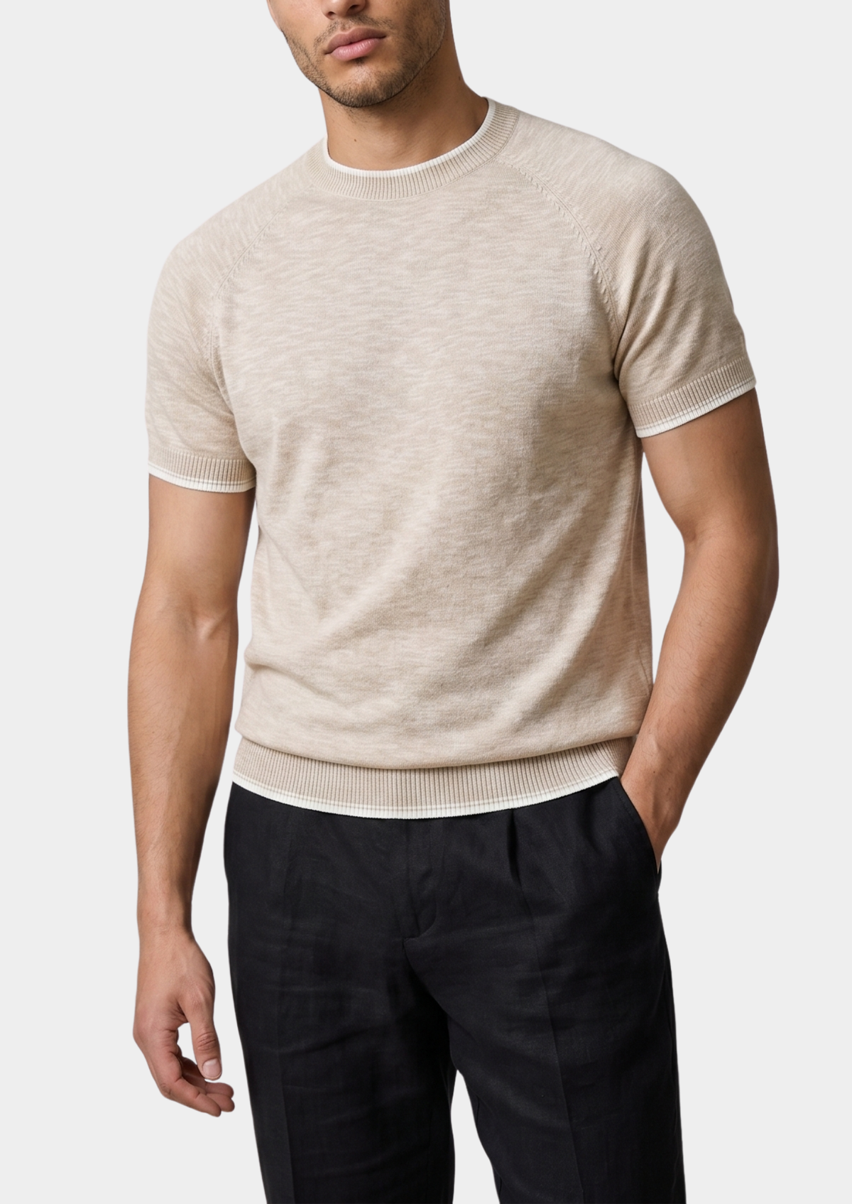 Capri Beige Linen Contrast T-Shirt | Auremmont