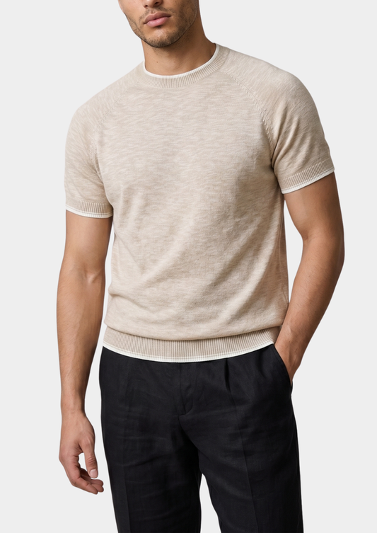 Capri Beige Linen Contrast T-Shirt | Auremmont
