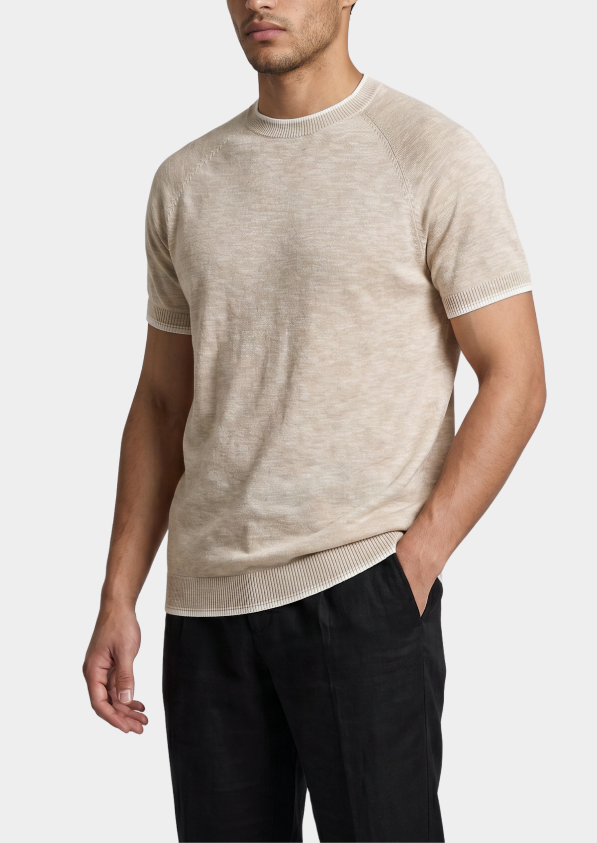 Capri Beige Linen Contrast T-Shirt | Auremmont