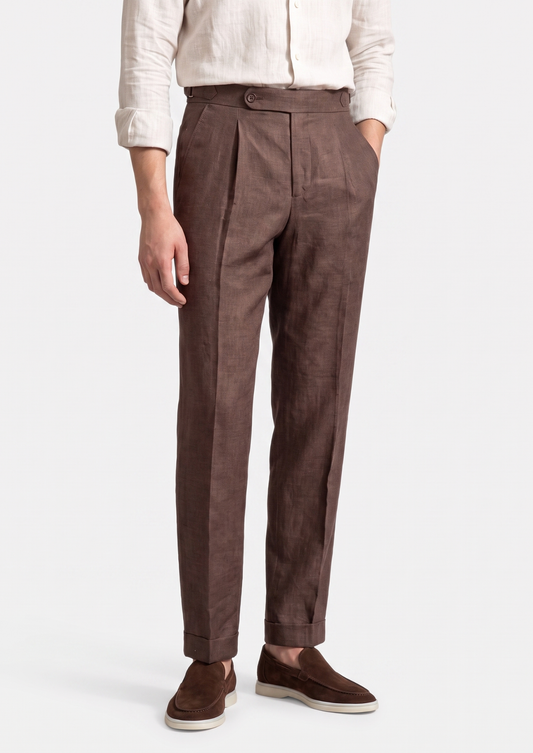 Tuscany Pleated Coastal Trousers - Dark Brown | Auremmont