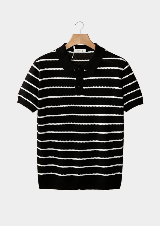 Black Striped Textured Button Polo | Auremmont