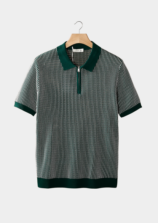 Green Geometric Textured Zipper Polo | Auremmont