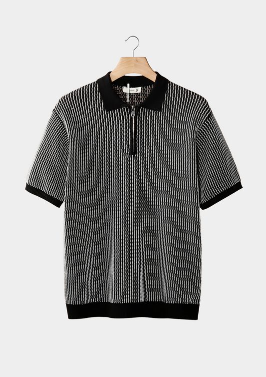 Black Geometric Textured Zipper Polo | Auremmont