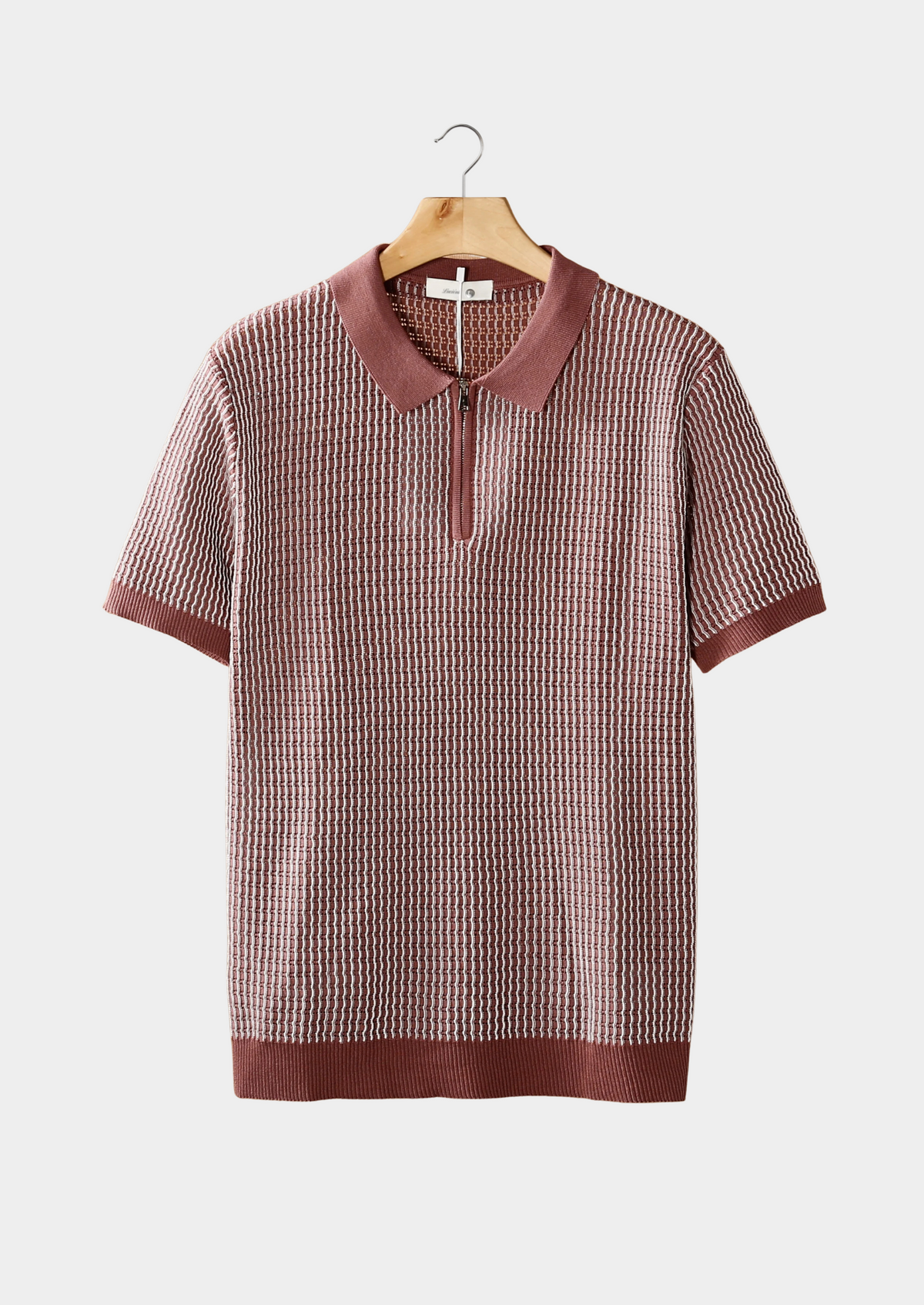 Dusty Rose Geometric Textured Zipper Polo | Auremmont