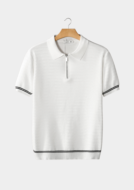 White Zigzag Textured Zipper Polo | Auremmont