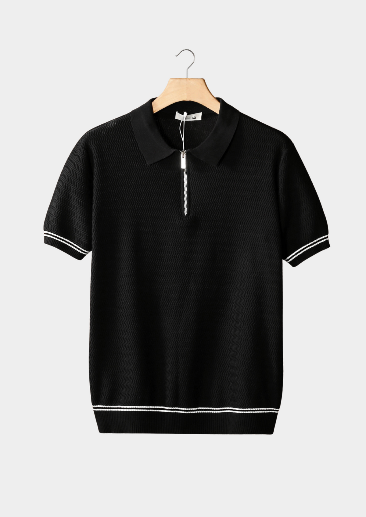 Black Zigzag Textured Zipper Polo | Auremmont