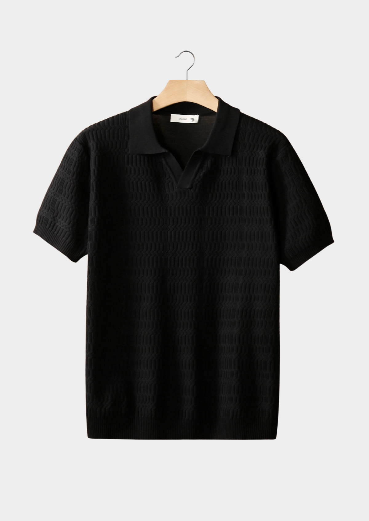 Black Patterned Knit Buttonless Polo | Auremmont