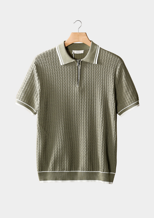 Taupe Wavy Textured Zipper Polo | Auremmont