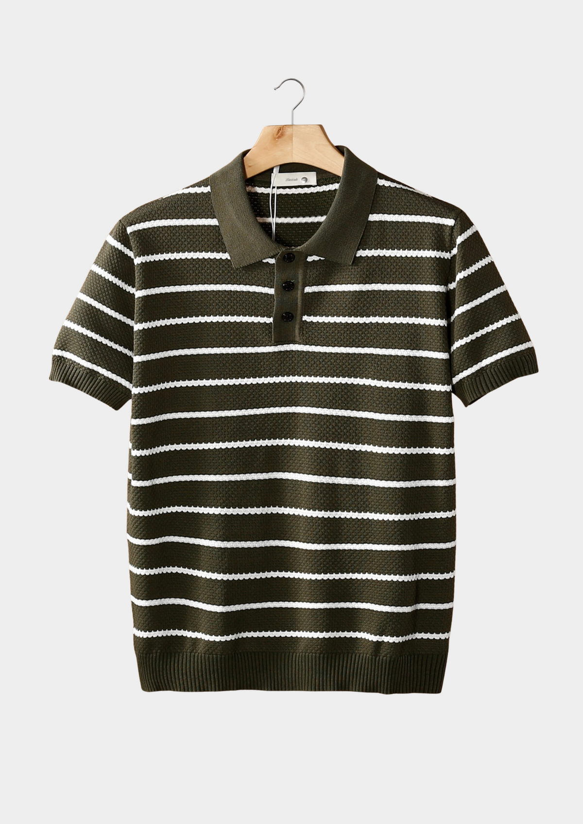 Olive Striped Textured Button Polo | Auremmont