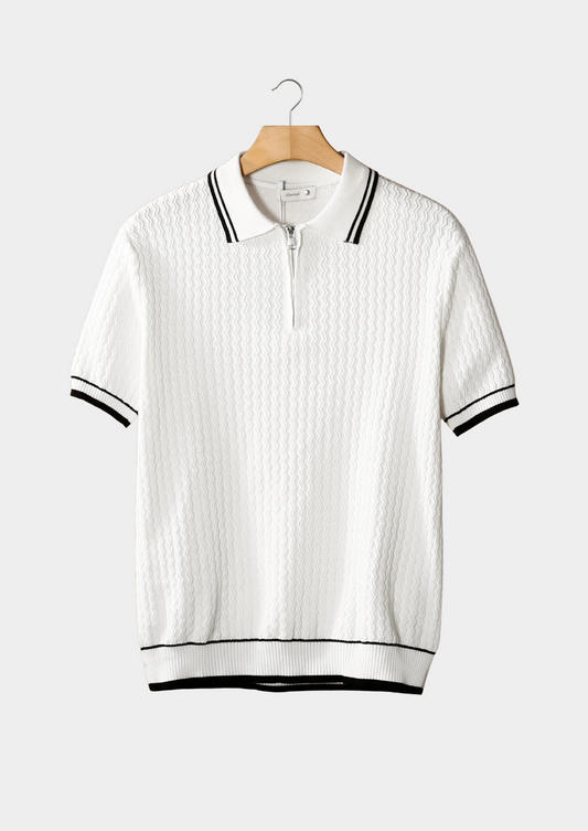 White Wavy Textured Zipper Polo | Auremmont