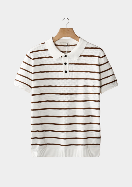 White Striped Textured Button Polo | Auremmont