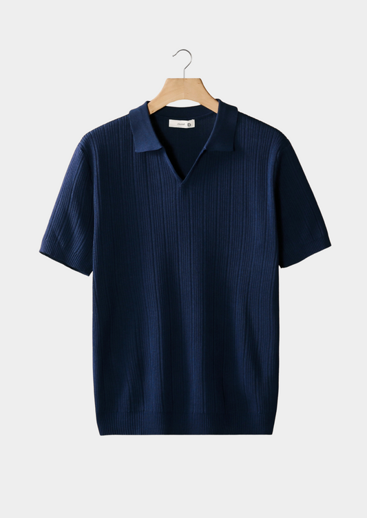 Navy Open Collar Ribbed Polo | Auremmont