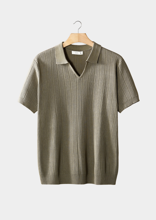 Taupe Open Collar Ribbed Polo | Auremmont